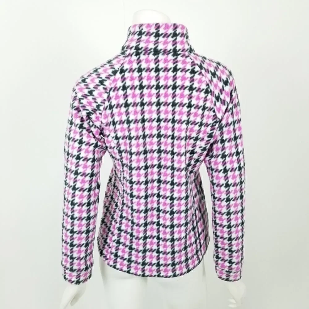 Columbia Girl's Size Large Pink & Black Houndstooth Zip Up Fleece Jacket